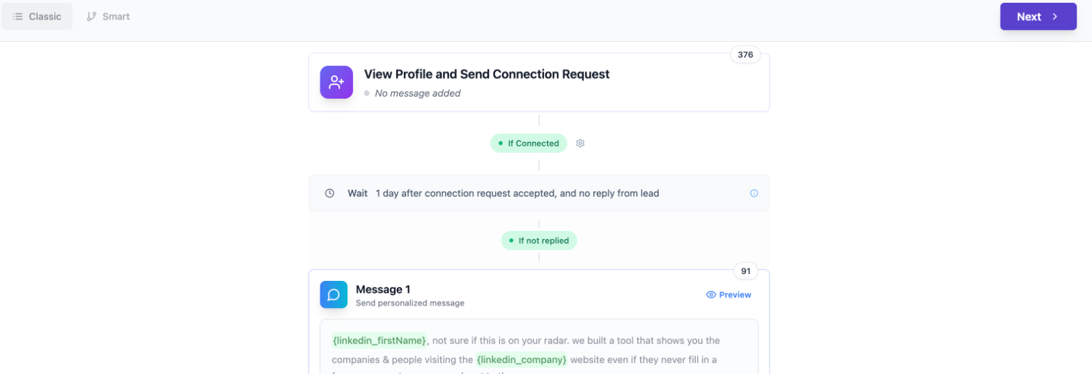 The OutFlo sequence for our EU/UK SaaS founders campaign: connection request, a one-day wait after it's accepted, then a personalised message