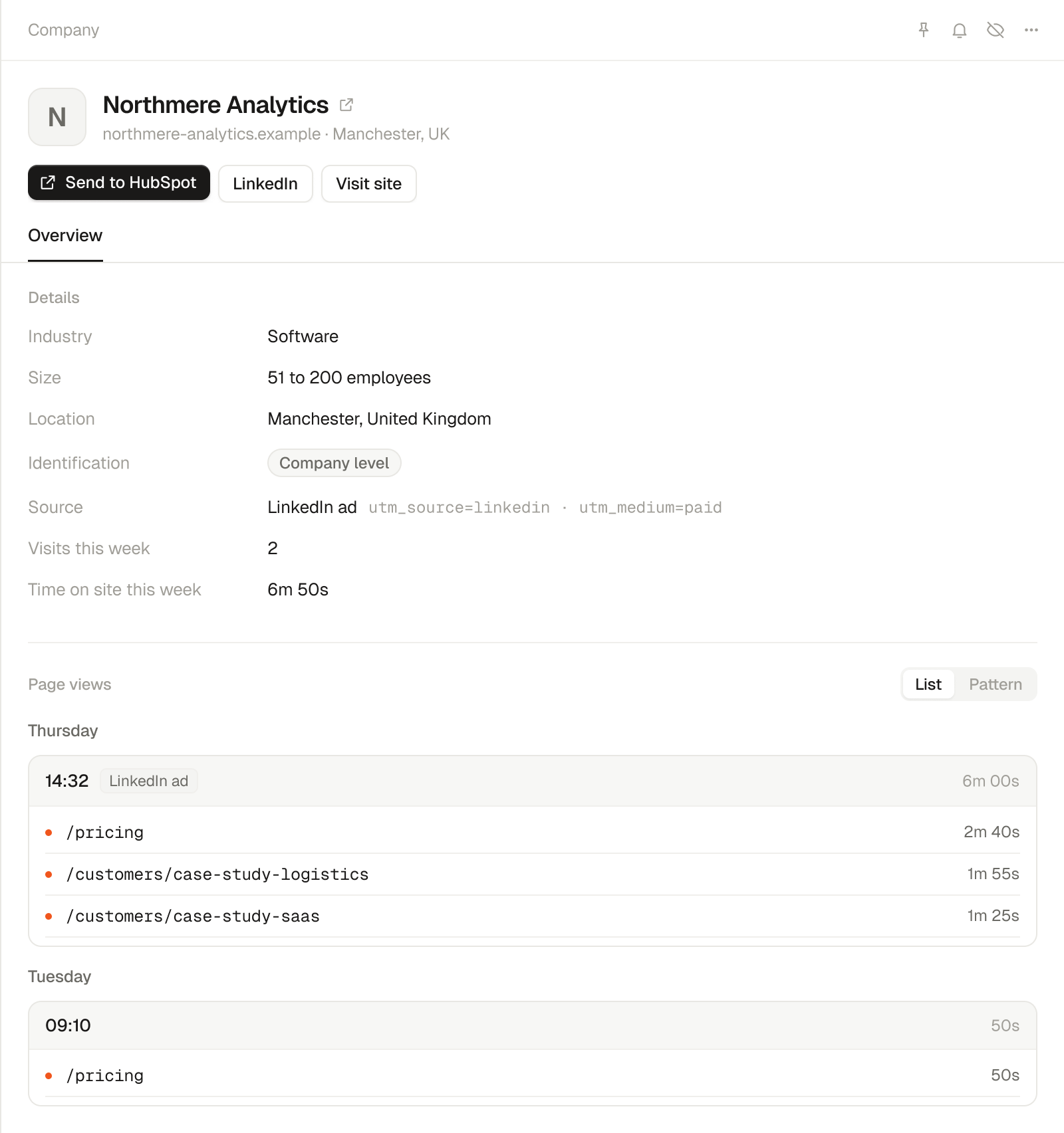 Warm AI company record for Northmere Analytics, an invented example, showing pages visited and a return visit